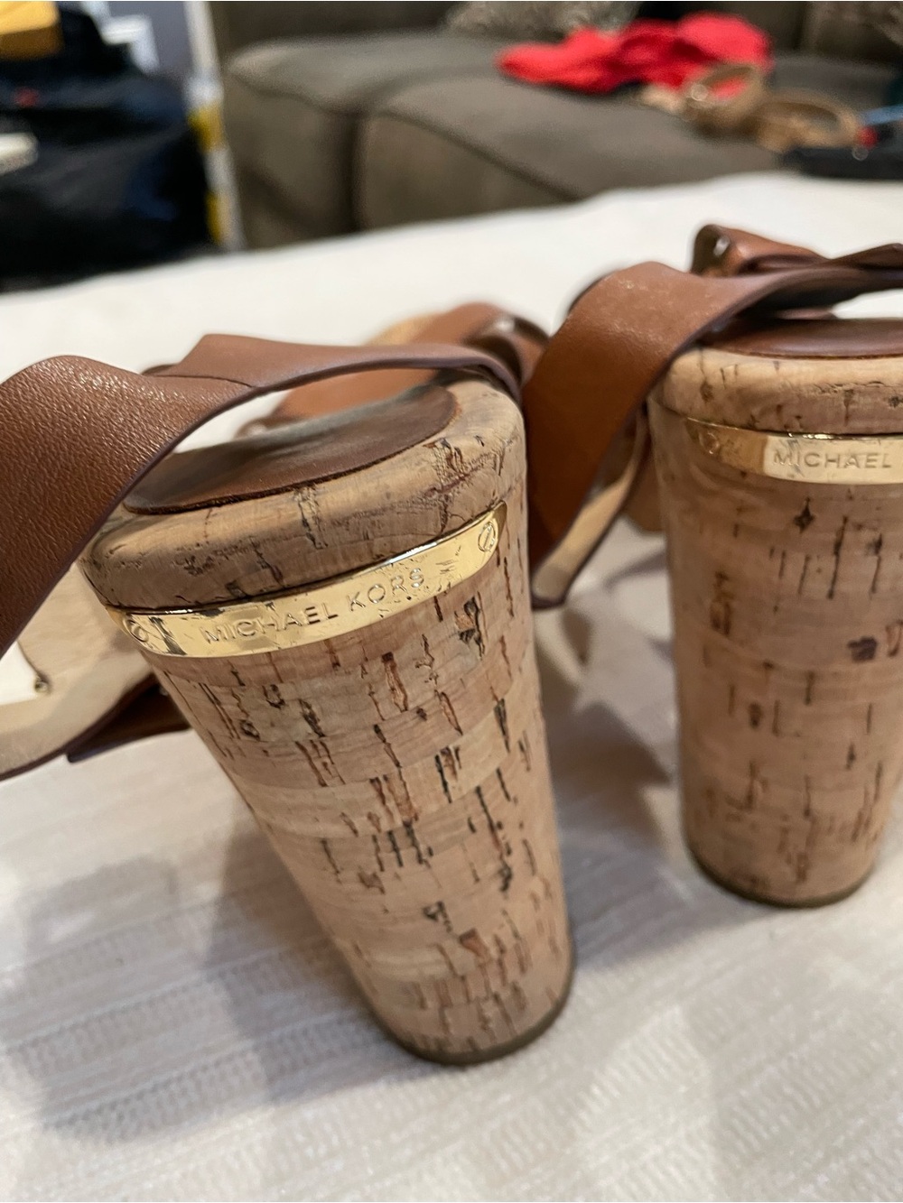Michael Kors Leather Cork Block Heel Sandals in Brown with Gold Accent